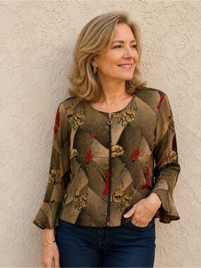 Joseph Ribkoff Metallic Floral Cropped Jacket Bell Sleeve Size 12